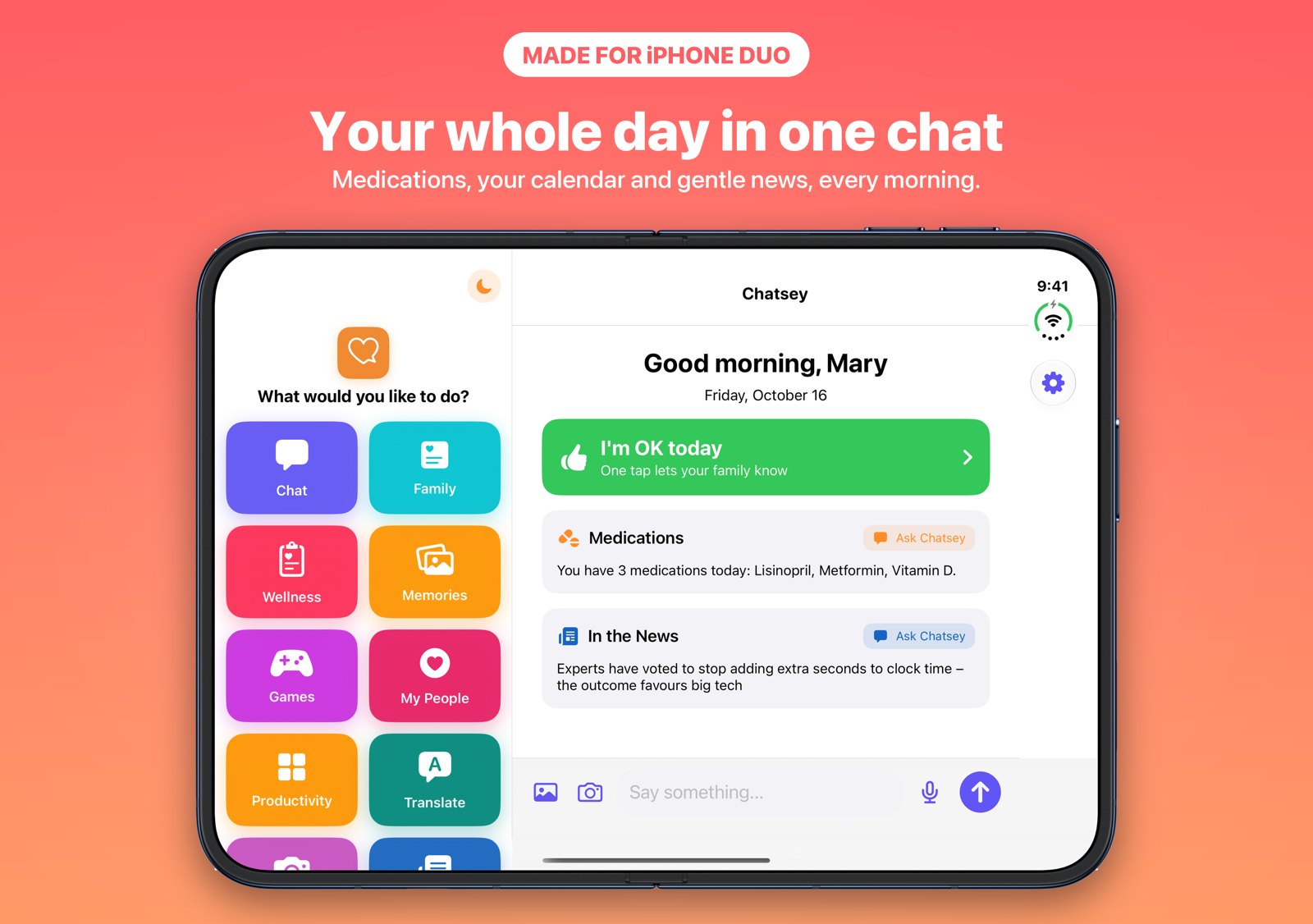 Chatsey Care on the unfolded iPhone Duo, menu on the left and the day on the right