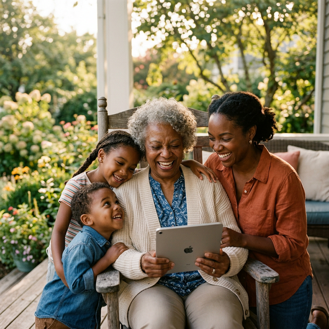 Grandmother with family on a porch, enjoying time together with a tablet